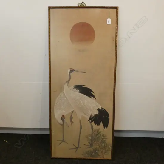 VINTAGE FRAMED SILK PAINTING MANCHURIAN CRANE 1035 X 435MM