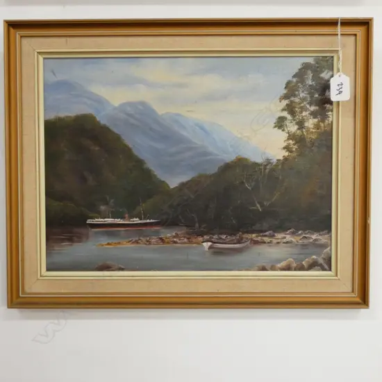 J. D. PERRETT 'DUSKY SOUND' OIL ON BOARD 485X 385MM