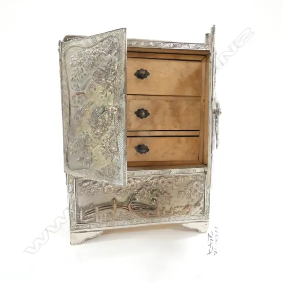JAPANESE MEIJI WHITE METAL JEWELLERY CABINET/CHEST