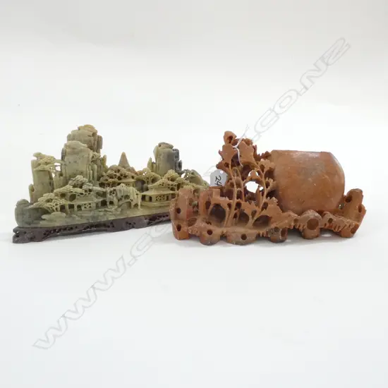 2 SOAPSTONE CHINESE CARVINGS. MOUNTAIN VILLAGE...