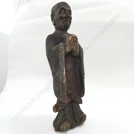 CARVED WOODEN ORIENTAL FIGURE DISTRESSED H. 550MM