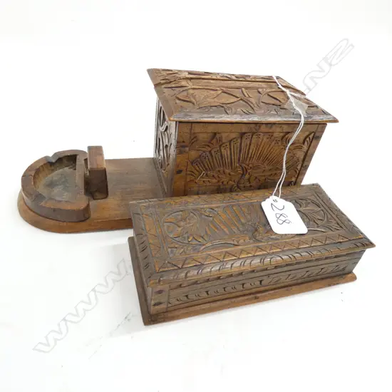 2 CARVED BOXES; CIGARETTE BOX ASHTRAY + OTHER MATCHING