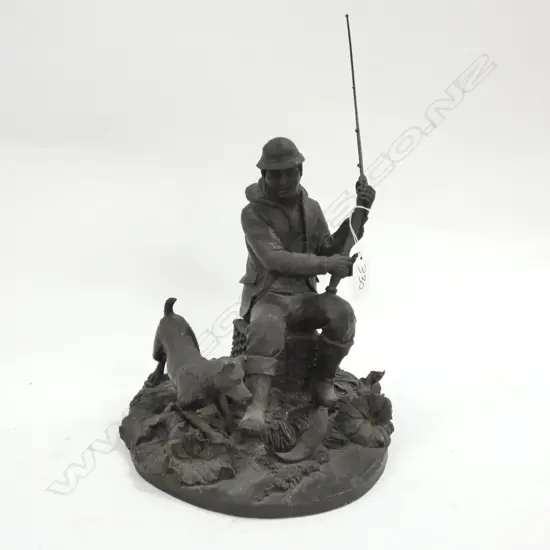 J.B BROMLEY RESIN SCULPTURE OF FISHERMAN & DOG a/f