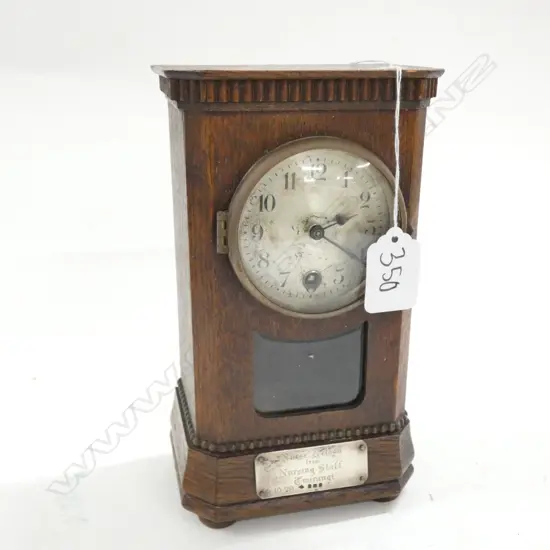 1920'S OAK CASED MANTLE CLOCK SILVER PLAQUE...