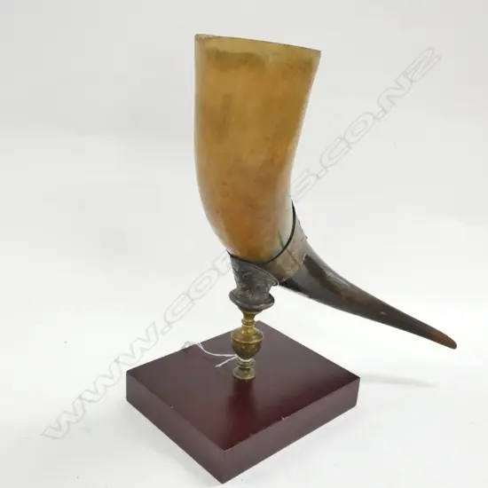 19THC HORN VASE BRASS MOUNT LACQUERED BASE