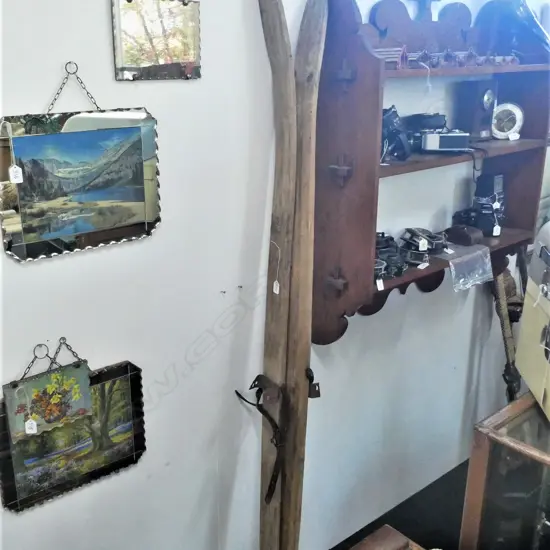 PR VINTAGE LONG WOODEN SKIS W PART BINDINGS 