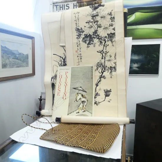 KETE BAG, BOOK ON CHINESE PAINTING & 2 SCROLLS 