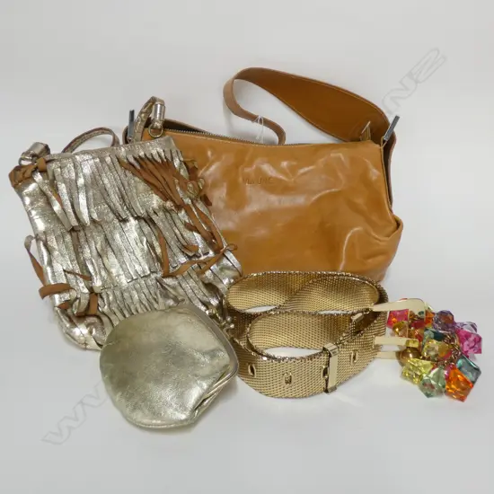 WHITING & DAVIS MESH BELT/2 LEATHER HANDBAGS/RETRO PLASTIC BRACELET