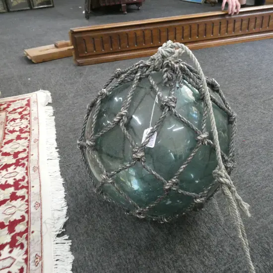 OLD LARGE GLASS FISHING FLOAT WITH NETTING Dia.350mm