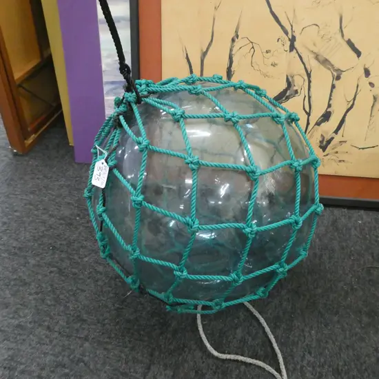 OLD LARGE GLASS FISHING FLOAT WITH NETTING Dia.340mm
