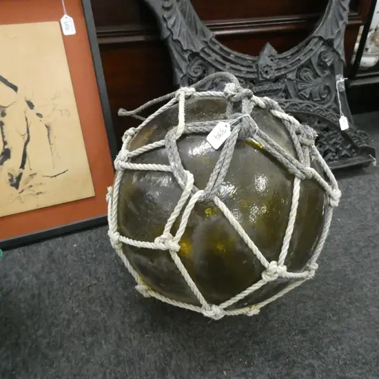 OLD LARGE GLASS FISHING FLOAT WITH NETTING Dia.370mm