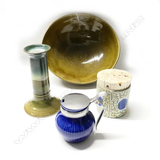 4 POTTERY PIECES & BAYREUTH CANDLESTICK