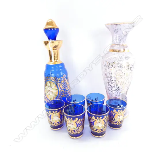 BLUE VENETIAN DECANTER WITH 6 GLASSES + VASE H. 245MM