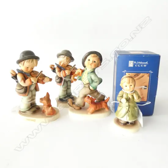 4 X HUMMELS--KEEPING TIME--2183----PUPPY LOVE #1, STROLLING ALONG--#5----LITTLE FIDDLER--#4