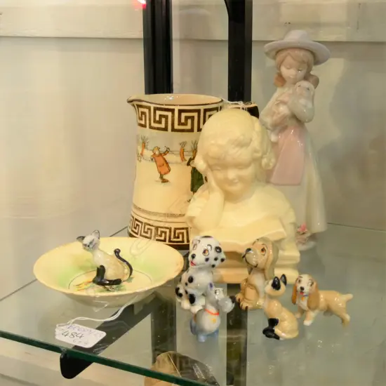 OLD TUPTON WARE GIRL, GIRL READING, R/DOULTON JUG, CLARICE CLIFF DISH & DISNEY / WADE DOGS