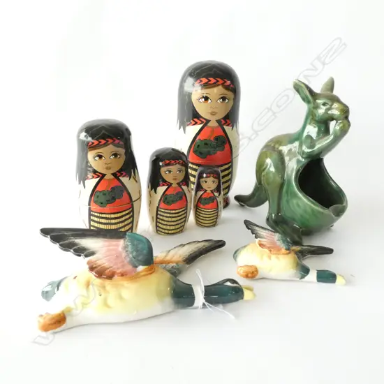 WAHINE STACKING DOLL, KANGAROO & 2 WALL DUCKS 
