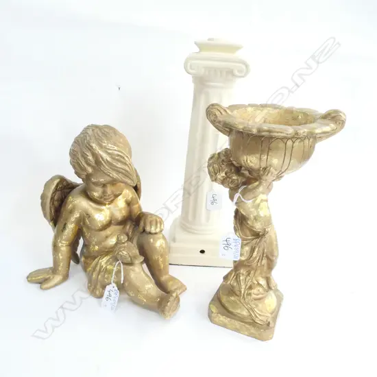 3 PCES CHINA; 2 GOLD ANGELS & LAMP COLUMN