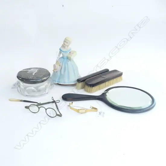 VINTAGE MIRROR, 2 BRUSHES, CRYSTAL CONTAINER WITH GLASSES, WATCH, BUTTONHOOK, MUSICAL DOLL