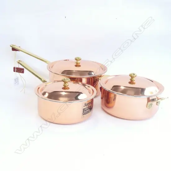 3 SPRING SWITZERLAND LIDDED ELECTROPLATED COPPER PANS