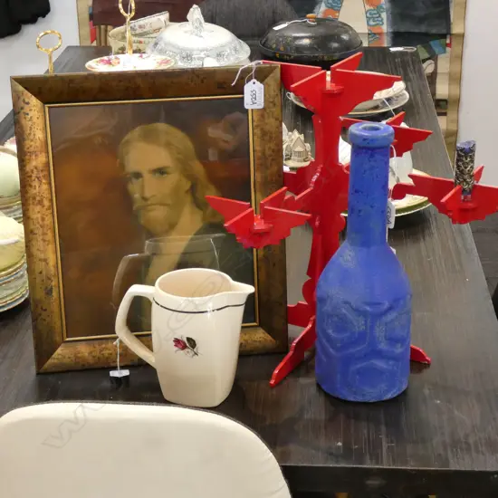 VINTAGE RELIGIOUS PRINT, RED CUT STEEL CANDELABRA, CROWN LYNN JUG & BLUE CERAMIC BOTTLE