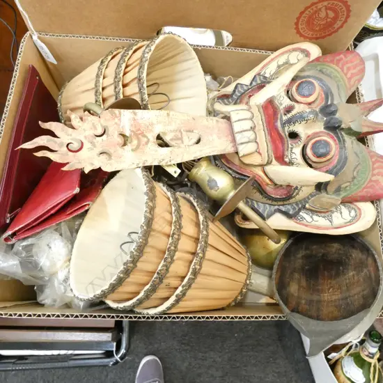 BOX LOT PR SCONCES, 3 WALLETS, INDONESIAN MASK ETC