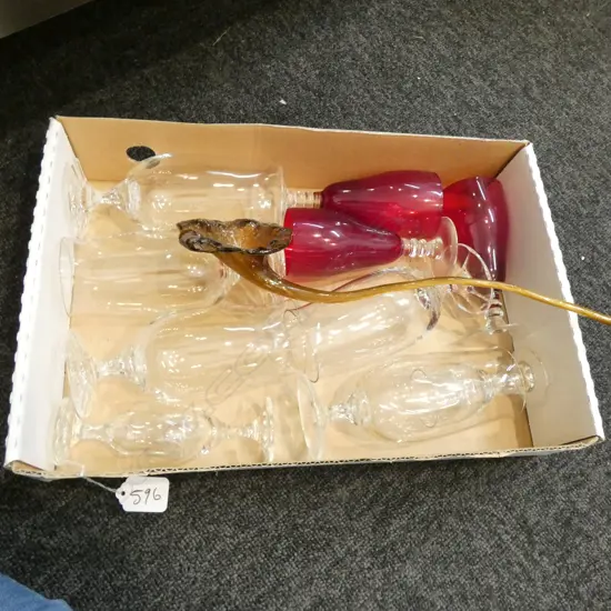 ASSORTED WINE GLASSES & GLASS LONGSTALKED FLOWER