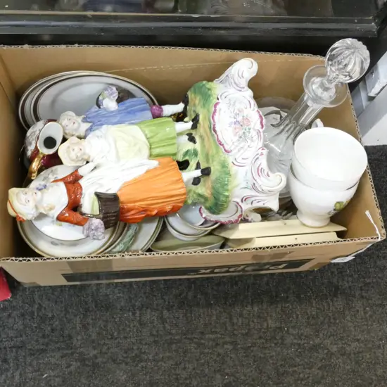 BOX LOT ASST. CERAMICS; LIMOGES, R/COPENHAGEN, DECANTER, ETC