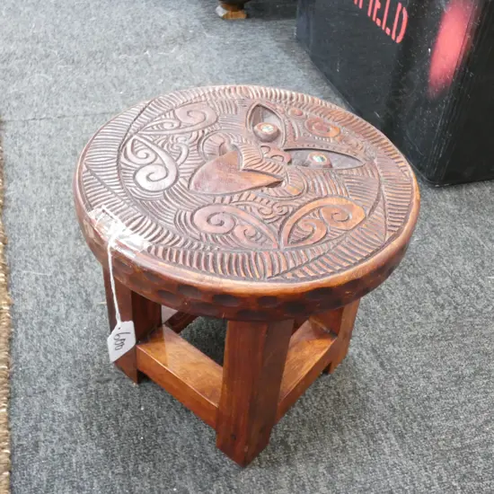 CARVED WOODEN MAORI STOOL 260MM DIA