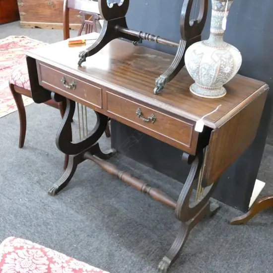 MAHOGANY REPRODUCTION DROP-SIDE LYRE TABLE
