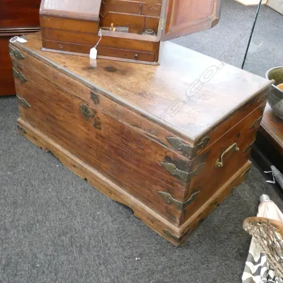 TEAK BRASS BOUND TRUNK WITH FITTED INTERIOR W 830 MM