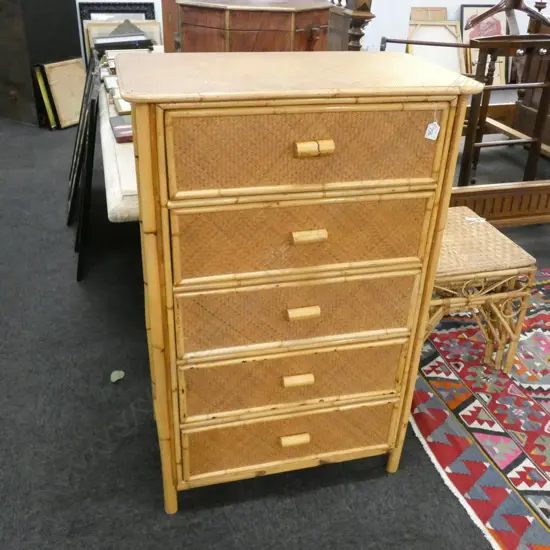 5 DRAWER CHEST COVERED IN WOVEN RATTAN CANE 