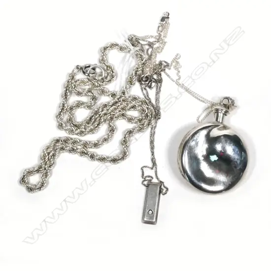 3 SILVER NECKLACES: 2 WITH PENDANTS. PERFUME & BAR
