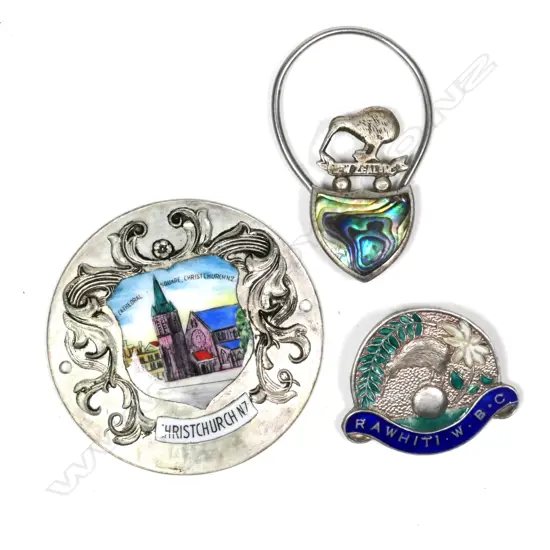 3 NZ PCES. 2 SIILVER ENAMEL & PAUA. 1X CHCH CATHEDRAL