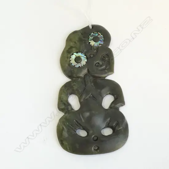 HEI TIKI POUNAMU. GREENSTONE TIKI,PAUA EYES 95MM.DARK TRANSLUCENT STONE.