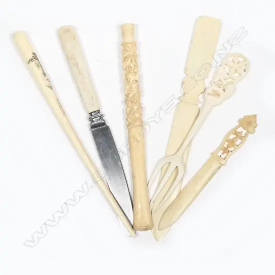 6 ITEMS. FINE IVORY CARVED HAIR PIN? LETTER KNIVES PIPE ETC
