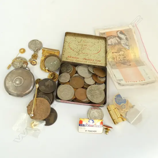 COLLECTION COINS, BADGES, STG POCKETWATCH AF ETC