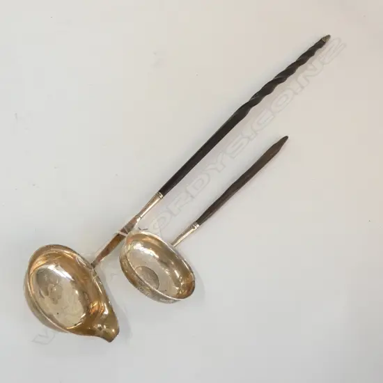 2 SILVER TODDY LADLES w BALEEN HANDLES (ONE HANDLE BROKEN)