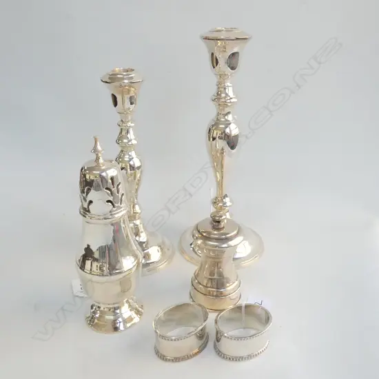 LOT EP CANDLESTICKS/CASTOR/MILL/+ 2 MAPPIN AND WEBB NAPKIN RINGS