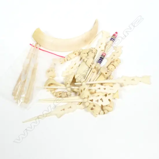 BAG CARVED BONE & MOP PCES. SWIZZLE STICKS ETC