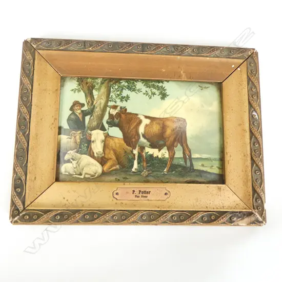 VICTORIAN LITHO ON COPPER? GILT FRAME 'THE STEER'