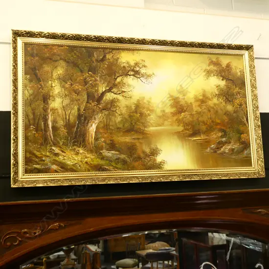 LARGE GILT FRAMED OIL PAINTING  - RIVER SCENE, SIGNED WALLACE