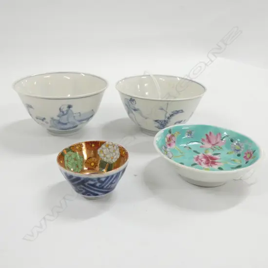 PR MING CHENGHUA MARKED B/W TEA BOWLS + SAUCE DISH & SMALL WINE CUP