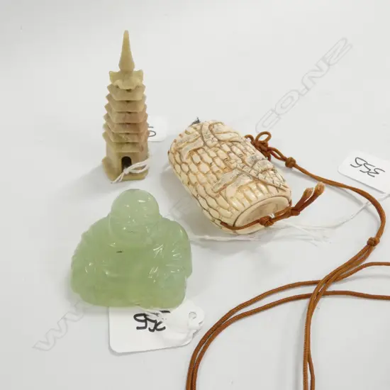 3 CHINESE PCES; JADE BUDDHA, BONE CONTAINER, SOAPSTONE TEMPLE