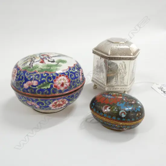 2 CLOISONNE LIDDED BOXES + 1 SILVER PLATED