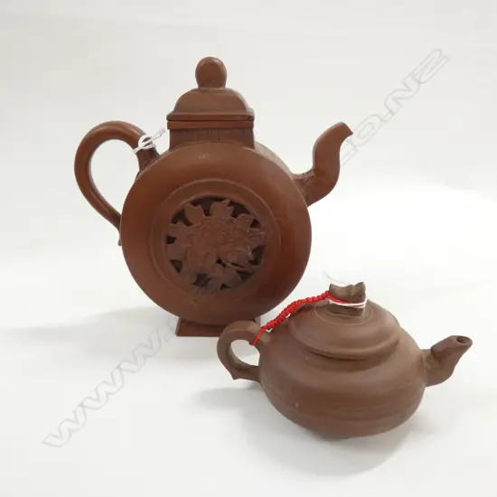 2 CHINESE YIXING TEA POTS 1 WITH BROKEN SPOUT