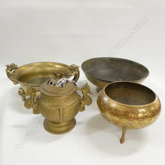 ASSORTED BRASS CHINESE DISHES & CENSOR, DIA 250mm