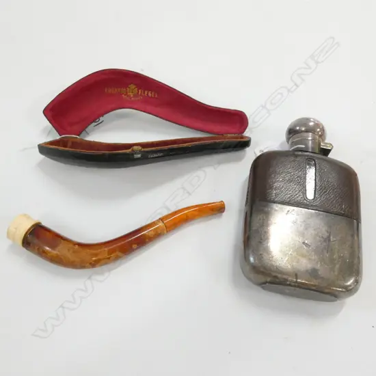 MEERSCHAUM PIPE IN CASE + SMALL FLASK WITH LEATHER & SILVER TONE COVER