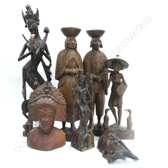 5 ASST CARVINGS ASIAN ETC +MASK AND BUST H 540 MM