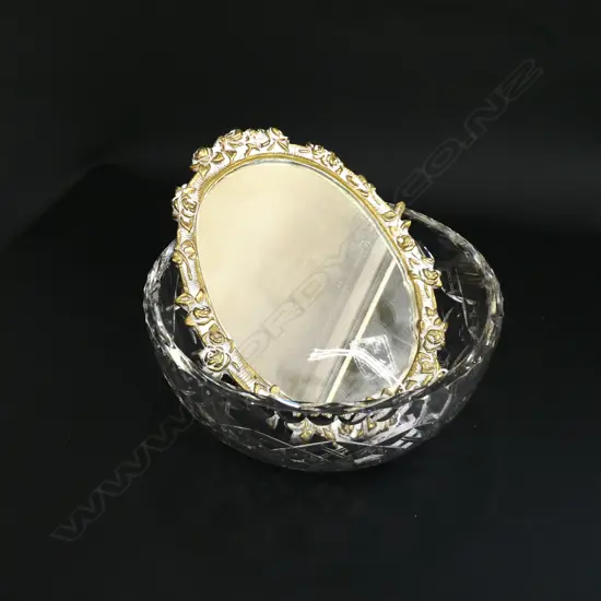 CRYSTAL BOWL AND BRASS FRAMED MIRROR