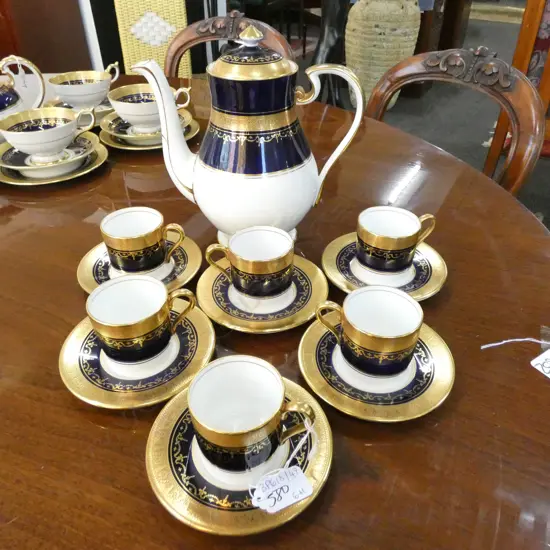 AYNSLEY GEORGIAN COLBALT COFFEE SET; 6 DEMIS & COFFEEPOT